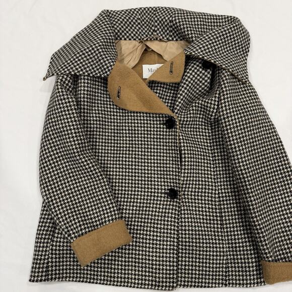 Max Mara Cucito A Mano Size 12 Houndstooth Alpaca Wool Coat Jacket Black Beige - Picture 2 of 10